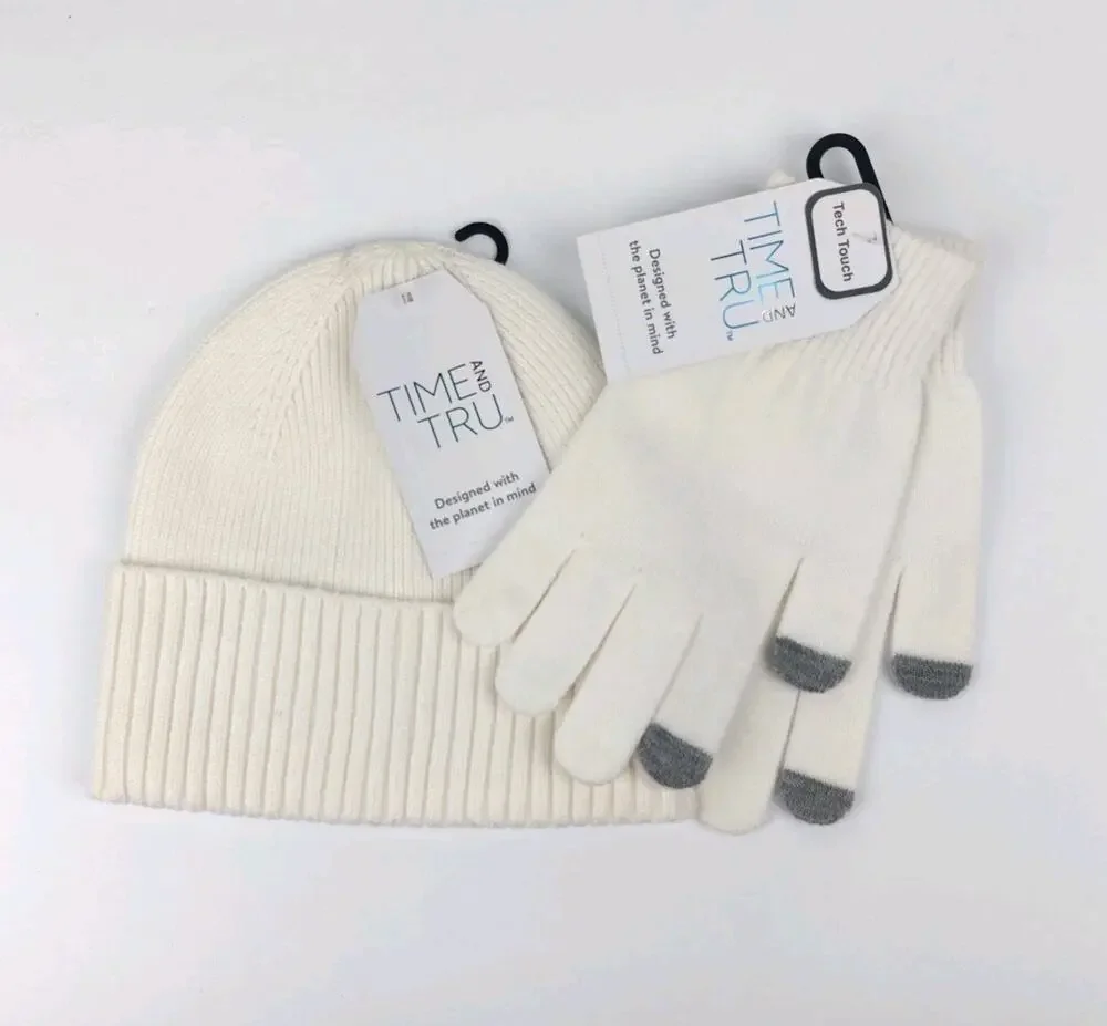 Time and Tru Women's Coordinate Beanie With Gloves, One Size Fits Most, White